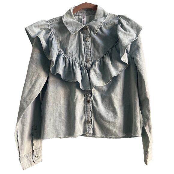 Long Sleeve Ruffle Denim Button Down Cropped Size Large Thick Material - Picture 1 of 6